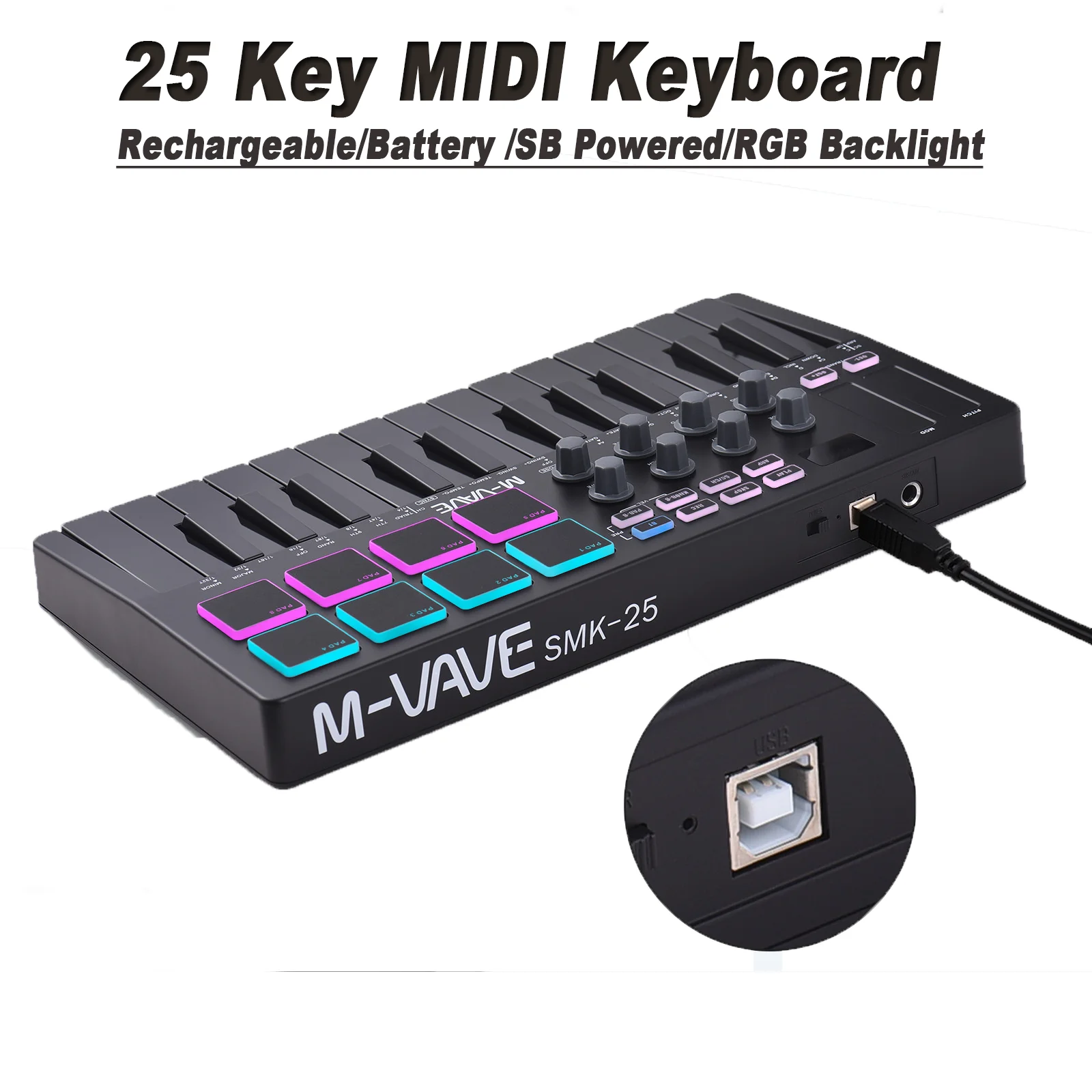 MIDI-Tastatur-Controller, Beat Maker-Maschine, wiederaufladbar, 25-Tasten, MIDI-Tastatur, Anordnung von Strike Pad, RGB MIDI-aufzeigbare Knöpfe Image