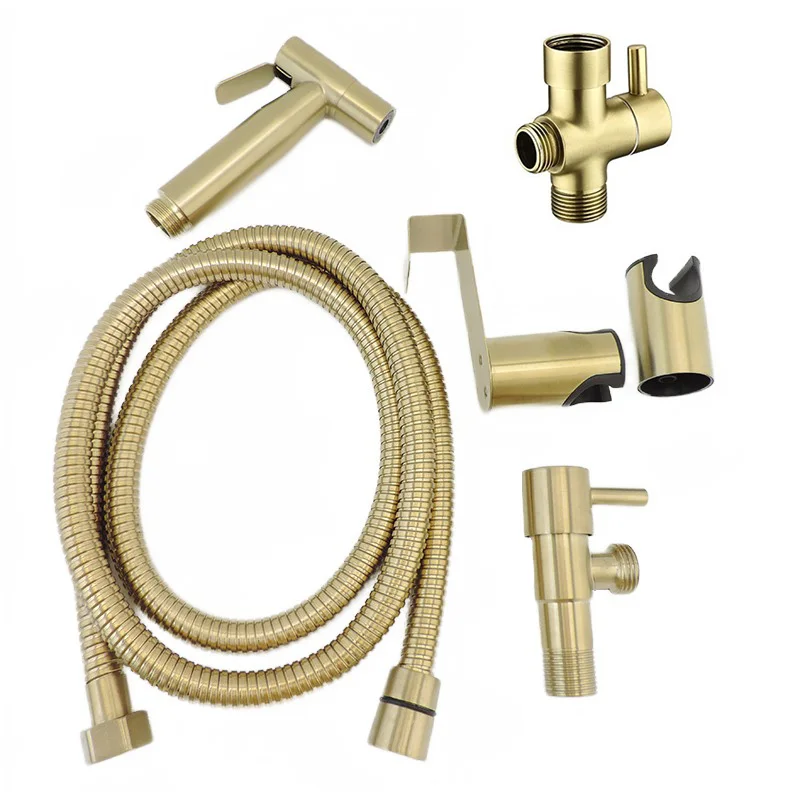 Edelstahl Gold Toilette Bidet Spritzpistole WC Duschkopf Set Douche Handwasserventil Schlauch Muslim Kit Halter Badezimmer