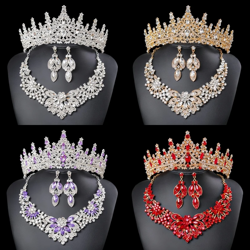 Kristall Strass Braut Tiaras Krone Frauen Königin Prinzessin Lila Rosa Rot Blau Grün Halskette Sets Mode Schmuck Set Diadems Image
