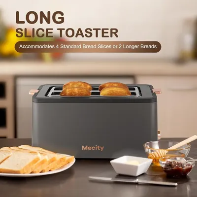 4 Slice Toaster, Bagel/Defrost/Reheat Functions,Crumb Tray, 6 Browning Settings, Extra Wide Long