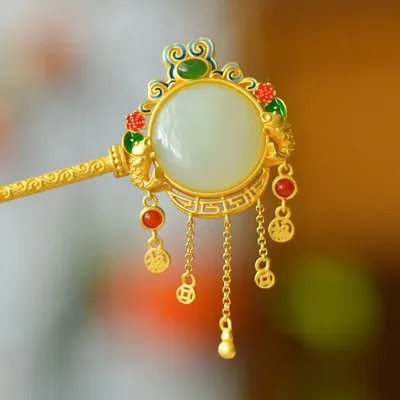 Double Fish tiara Exquisite Ancient Gold Crafts pin Ethnic Style High quality vintage Natural Hetian