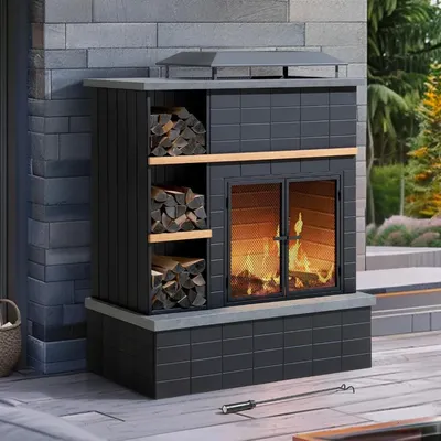 42 in. Aukland Wood Burning Fireplace, Steel Outdoor Fireplace with Chimney, Log Holders, Fire Poker