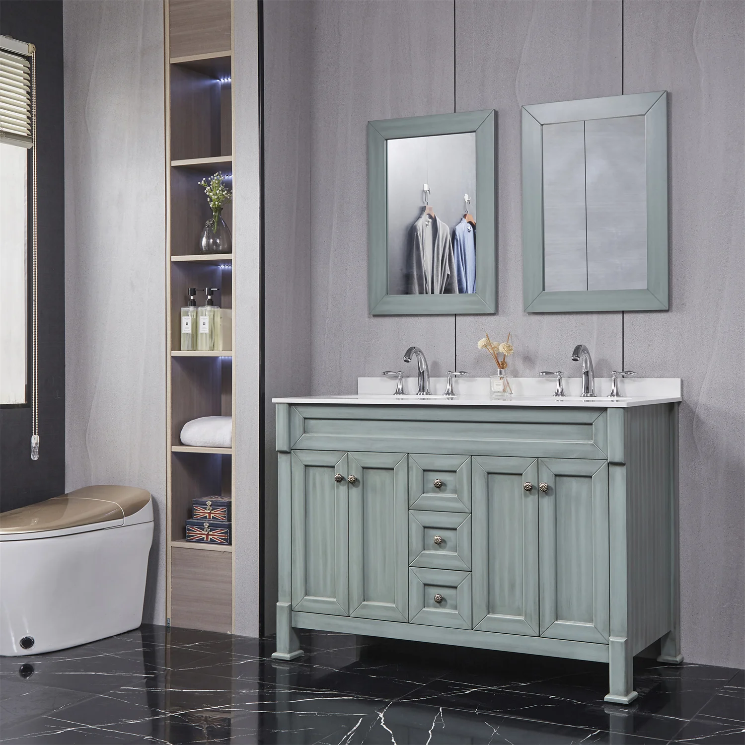 Set di mobili per mobili da bagno montati a pavimento su misura, set di mobili da bagno autoportanti con doppia pioggia
