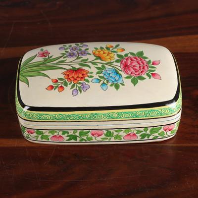 'Spring-Themed Hand-Painted Green Papier Mache Jewelry Box'