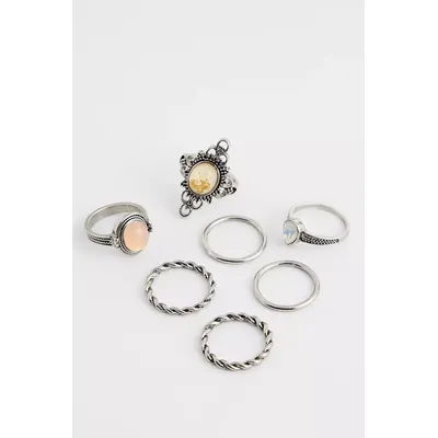 Silence + Noise Ornate Gem Rings 7-Pack - Silver XS/S at Urban Outfitters