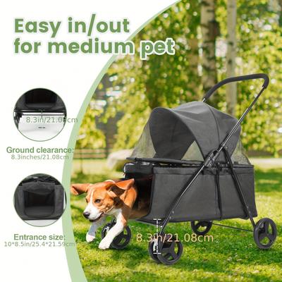 TEMU Portable Foldable Pet Stroller For Cats & Small Dogs - Lightweight Linen Fabric Carrier With 4-wheel Design, Ergonomic Handlebar & Storage Waste Bag Holder - Image