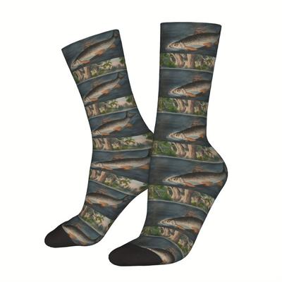TEMU 1pc Men's Trout Socks, 95% Polyester 5% Elastane, Knit Fabric, Print, Hand Wash/ - Novelty Fishing Themed Socks Image
