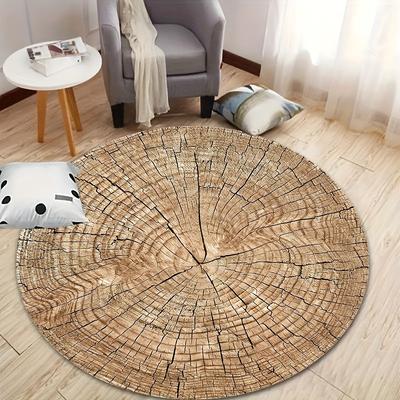 TEMU 1pc Round 3d Wood Grain Flannel Mat - Non-slip, Machine Washable, Soft & Stylish For Living Room, Bedroom, Or Entryway Decor, Adds To , Rugs For Living Room Image