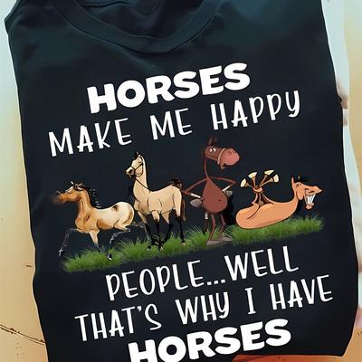 "TEMU Men's Casual Short Sleeve T-shirt - "horses Happy" Graphic Print, 100% Cotton 180gsm, Regular Fit Round Neck, Machine Washable, Horse Lover Gift For Casual Attire, Horse Gifts" Image