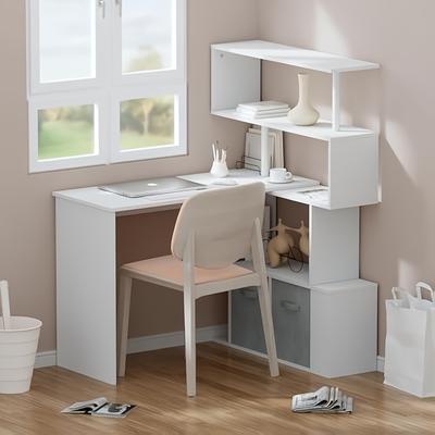 TEMU L-shaped Desk, Reversible Computer Desk With Bookshelf, Or Straight Placement , Wooden Corner Computer Desk With Fabric Drawers, For Home Office, Study, Living Room, White Image