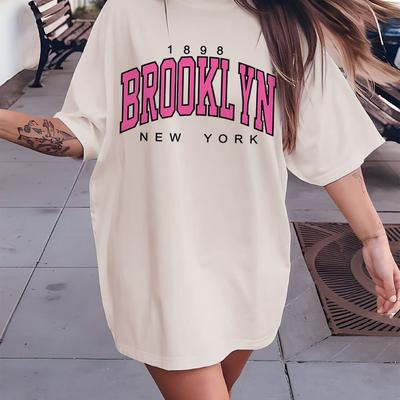 TEMU Vintage Style Year Location 1898 Brooklyn New Letter Print Short Sleeve Drop Shoulder T-shirt Image