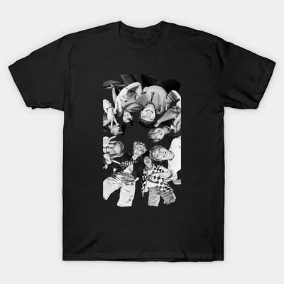TEMU Men's Retro Stray Kid Graphic T-shirt- 220g Heavyweight Cotton, Stretch Fabric, Glossy Texture, Black With White& Gray Band Print, Round Neck Short Sleeve, Casual Streetwear For Image