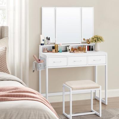TEMU Dressing Table, With Folding Mirror, Hair Dryer Holder, Upholstered Stool Image