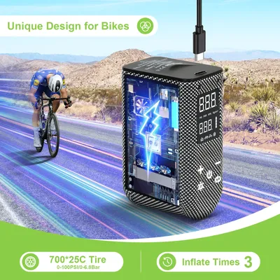 100PSI Portable Bicycle Pump, Electric Bicycle Air Pump with Digital LCD Pressure Gauge, 100PSI, Mini Bike Pump, Memory Function