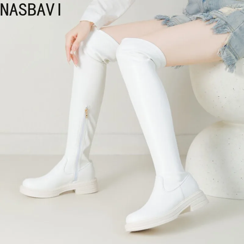 NASBAVI Schlichte weiße runde Zehen-Casual-Damen-Overknees-Schuhe, Winter, quadratisch, niedriger Absatz, flache Schuhe, Reißverschluss, Overknee-Stretch-lange Stiefel