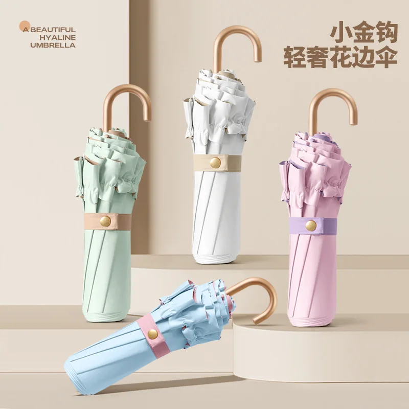 Einfarbiger, faltbarer, gebogener Haken-Regenschirm aus Spitze, Farbkleber, Sonne, UV-Schutz, UPF50+, leichter tragbarer Sonnenschirm für Damen Image