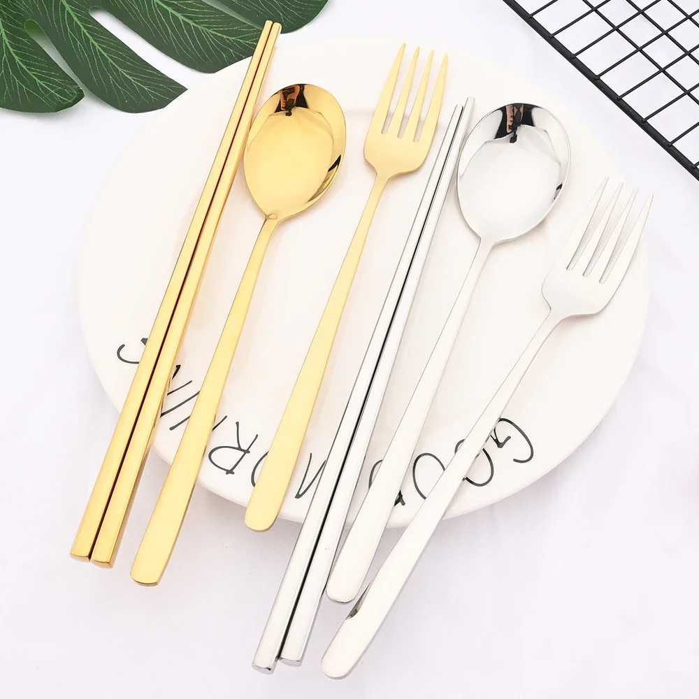 12 Teile/satz Stäbchen Gabel Löffel Besteck Set Silber Gold Geschirr Set Luxus Edelstahl Besteck Koreanische Geschirr Set Image