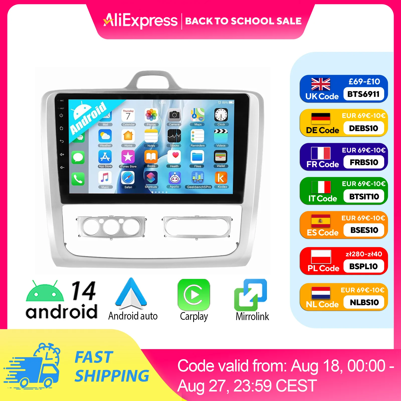 ESSGOO Android 14 9" Kabelloses Carplay Android Auto Autoradio für Ford Focus MK2 2004-2011 GPS-Navigation Lenkradsteuerung FM Bluetooth WIFI RDS USB Mirror Link Multimedia-Videoplayer 32G/64G 2 DIN Image