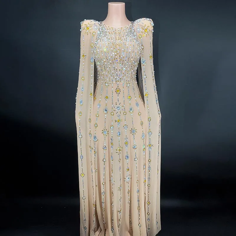 Luxus funkelnden Champagner großen Kristall transparent lange Zug Kleid Set Geburtstag Feier Kleid Abend Hochzeit Tanz kleid Image