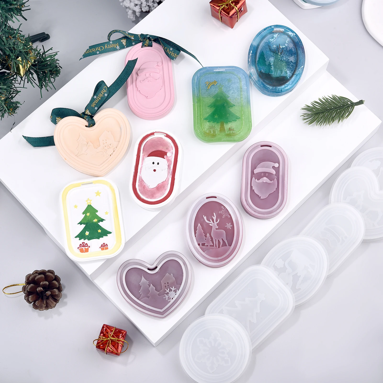 DIY Kristall Epoxidharz Form Weihnachtsbaum Elch Runde Quadrat Schneeflocke Auflistung Anhänger Schmuck Hängen Dekor Silikon Formen Image