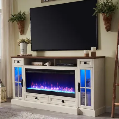 Fireplace TV Stand for 80 Inch TV, Farmhouse Entertainment Center with 42" Fireplace & LED Lights,