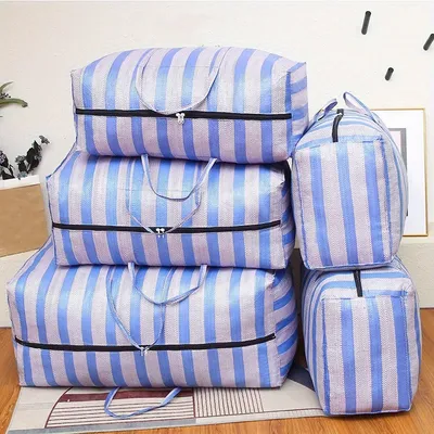 1pc Large Capacity Luggage Moving Nylon Stripe Printing Bags with Reinforced Handles，Heavy-Duty