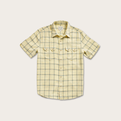 Tecovas Men's Sawtooth Linen Short Sleeve Pearl Snap Shirt, Yellow/Teal, Cotton / Linen, Medium