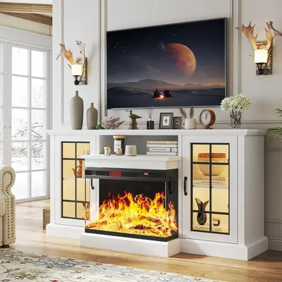59'' Fireplace TV Stand, 3 Sided Glass Media Entertainment Center Console Table for TVs up to 65''