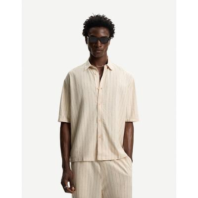 Bershka Short Sleeve Linen Blend Shirt Men L Beige
