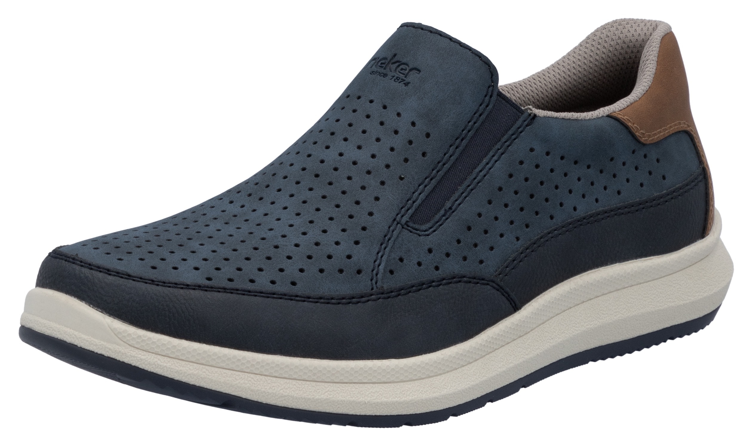 Slip-On Sneaker RIEKER, Herren, Gr. 43, blau (jeansblau, braun), Lederimitat, Casual, Schuhe, Slipper, Schlupfschuh, Halbschuh mit seitlichen Stretcheinsätzen