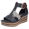 Keilsandalette RIEKER, Damen, Gr. 39, schwarz (schwarz, creme), Lederimitat, Bast, feminin, Schuhe Sandalette, Sommerschuh, Plateausandalette, Sandale mit modischem 6 cm Keilabsatz