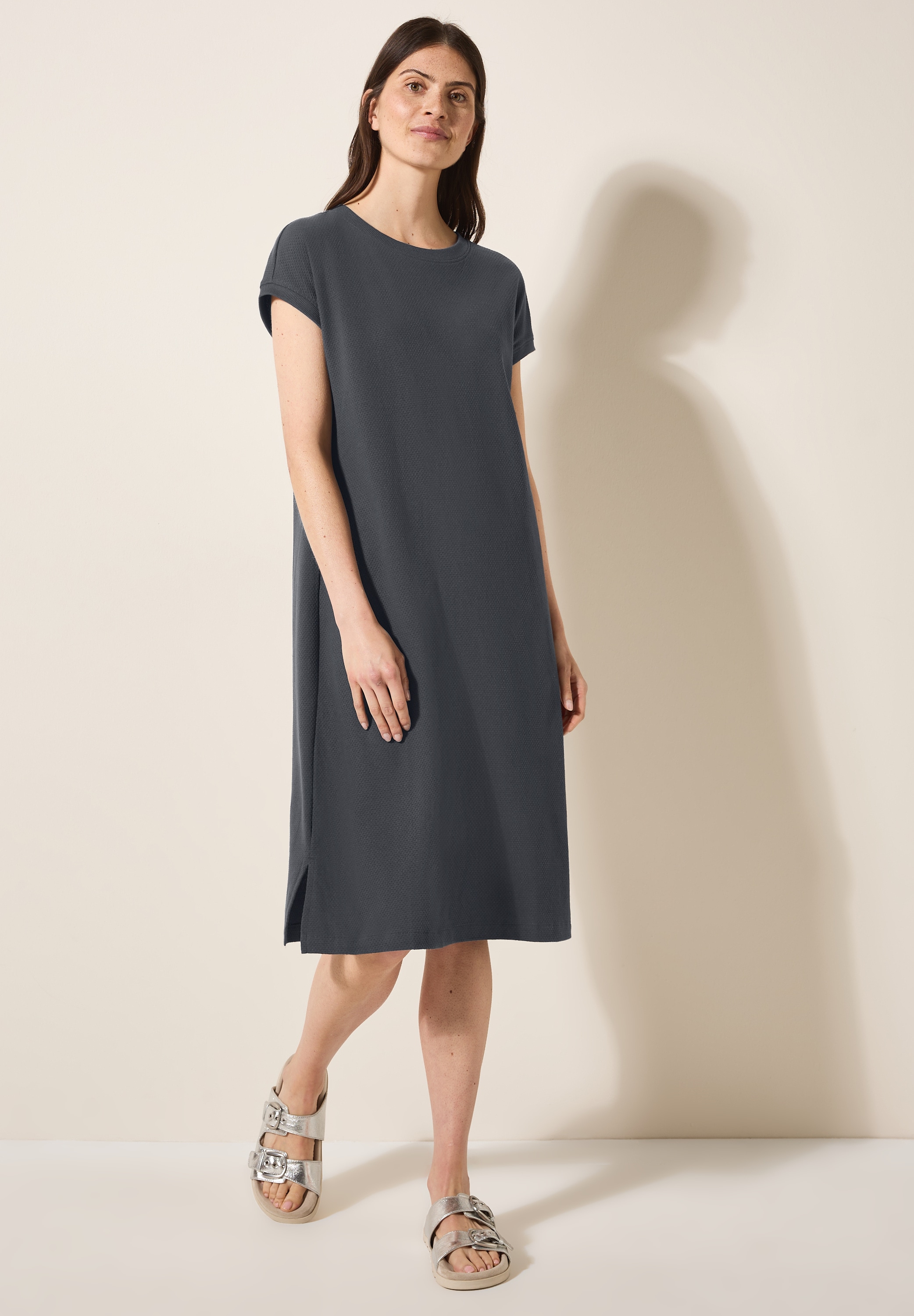 Sommerkleid CECIL, Damen, Gr. XL (44), US-Größen, grau (volcanic grau), Web, 58% Baumwolle, 42% Polyester, unifarben, gerade kniefrei, Rundhals, Bündchen, Kleider Sommerkleid, soft und trageangenehm