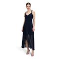 Abendkleid VERA MONT "Vera Mont Abendkleid mit Volant", Damen, Gr. 34, Normalgrößen, blau (night sky), Chiffon, Obermaterial: 100% Polyester. Futter: 100% Polyester., elegant, A-Linie lang, U-Boot-Ausschnitt, Kleider, Wickel-Design