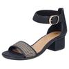 Sandalette RIEKER, Damen, Gr. 43, schwarz (schwarz, natur), Lederimitat, Textil, Flechtoptik, elegant, Schuhe, Sommerschuh, Sandale, Blockabsatz, mit Zierschließe am Klettriemchen