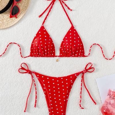 TEMU 1set Women's Polka Dot Bikini Set, High Polyester Fabric With Spandex , Tie-side Bottoms, Knitted Swimwear Image