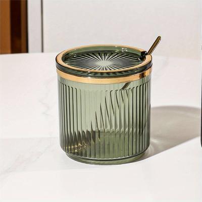 TEMU 1pc Elegant -inspired Seasoning Jar With Wooden Lid And Spoon - Luxury Handmade Ps Plastic Kitchen Storage Container For Spices, Grains, And Condiments - Ribbed Design For Grip Image