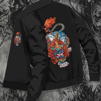 TEMU Plus Size Men's Dragon Graphic Print Jacket For , Band Collar Thin Outdoor Coat Image