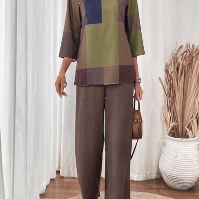 TEMU Women's Vintage-style Jumpsuit With Crew Neck, Wide-leg Pants, And Short Sleeves - Casual Wear, Casual Attire | Vintage Style Jumpsuit | Texture Image
