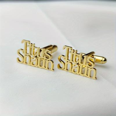 TEMU Custom Cufflinks - Elegant Golden-tone Stainless Steel, Personalized For Couples & Gentlemen, Simple Letter Design, Ideal For Weddings & Formal Events - English Only Image