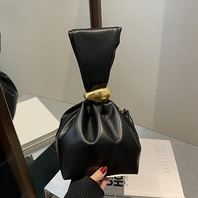 TEMU Retro Leather Dumpling Handbag For Women, Fashion Knotted Wrist Shoulder Bag With Zipper Closure, Polyester Lining, Synthetic Leather Material, White/black/burgundy/coffee Color Options Image