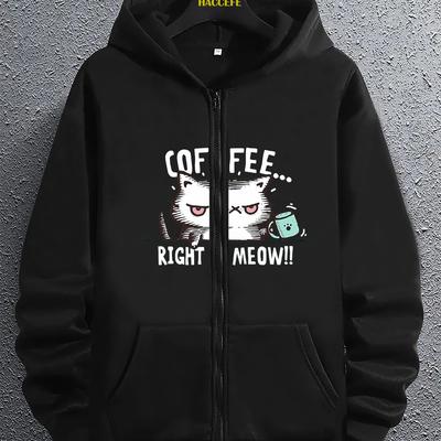 "TEMU [ Charm] Men's Casual Cat Graphic Hoodie With Zipper - " !" Funny Print, Gray Long Sleeve Sweatshirt With Kangaroo Pocket, Cozy Polyester For Fall And Winter" Image