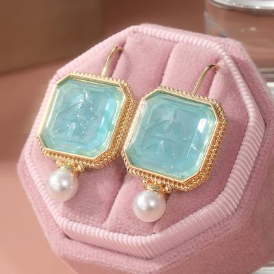 TEMU Elegant Blue Pearl Dangle Earrings - Vintage Boho Style, Perfect Gift For Mom Image