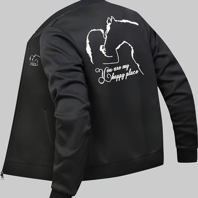 TEMU 1pc Equestrian Casual Men's Print Jacket With Stand Collar, Zipper Closure, And Pockets - Polyester Knit Fabric, Regular Fit, All- Jacket Image
