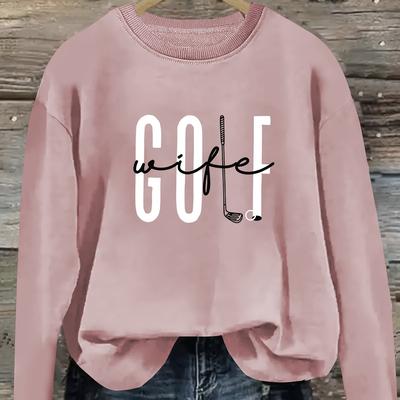 TEMU Women's Casual Golf Alphabet Print Long Sleeve Crew Neck Sweatshirt, 100% Polyester Knit Fabric, Fashion Top Image