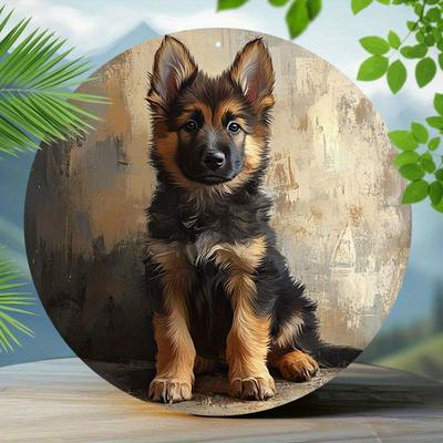 TEMU 1pc Vintage German Shepherd Dog Round Aluminum Wall Sign - 8x8 Inch Metal Wall Hanging Decor, , High Bend Resistance, For Home & Garden, English Text Image