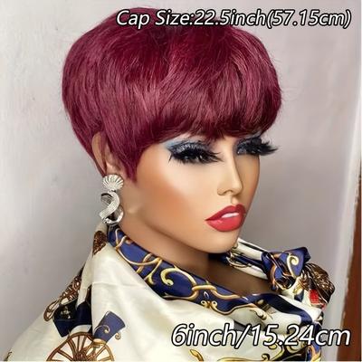 TEMU Cut Wigs For Women Human Hair Short Human Hair Cut Wig None Lace Front Wig 180% Density Short Straight Cut Layered Wigs With Bangs For 99j Color Image