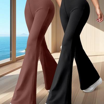 TEMU 2pcs Women's High Waist Stretchy Yoga Pants, Polyester & Spandex , Solid Color, Ribbed Knit Fabric, Casual Flare Leggings For Image