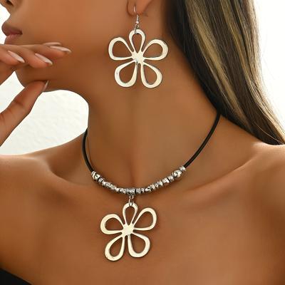 TEMU 3pcs Women's Fashion Necklace Set, Black Rope Geometric Hollow Flower Pendant Necklace + Matching Hollow Flower Dangle Earrings, Versatile Jewelry Set For Daily And Party Wear Image