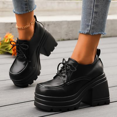 TEMU Chic Women's Lace-up Platform Pumps - Solid Color, Comfortable Mid-heel Dress Shoes With Image