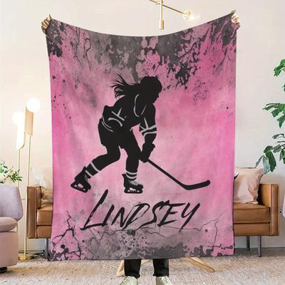 TEMU Custom Name Ice Hockey Fan Blanket - Personalized Soft Flannel Throw, Perfect Gift For Sports Enthusiasts, Cozy Bedding Image